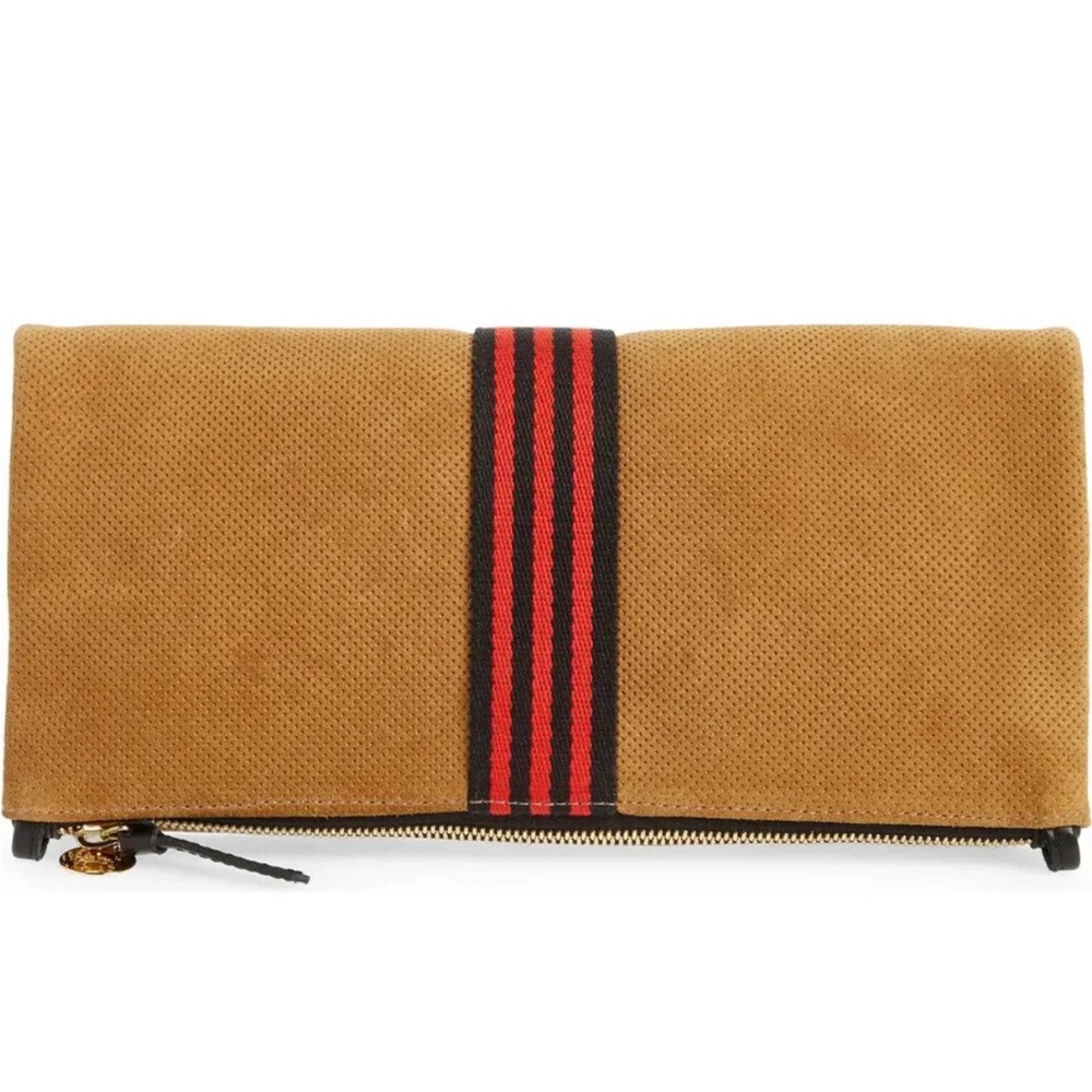 CLARE V. Perforated Suede Foldover Clutch Bag Camel Tan W/ Stripe NEW